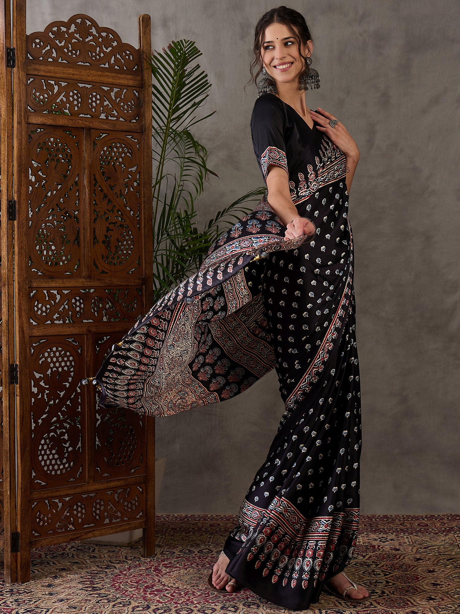 Black Pure Semi Modal Silk Floral Printed Saree 