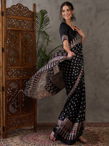 Black Pure Semi Modal Silk Floral Printed Saree 
