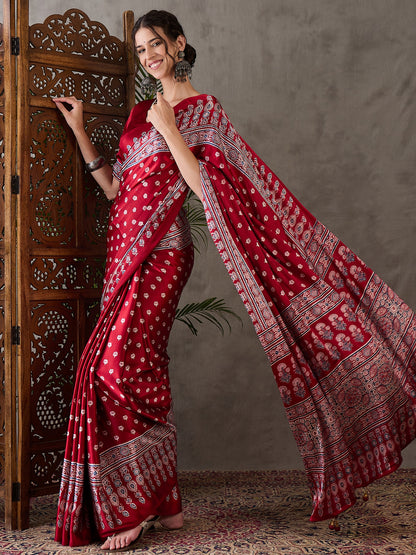 Red Pure Semi Modal Silk Floral Printed Saree 
