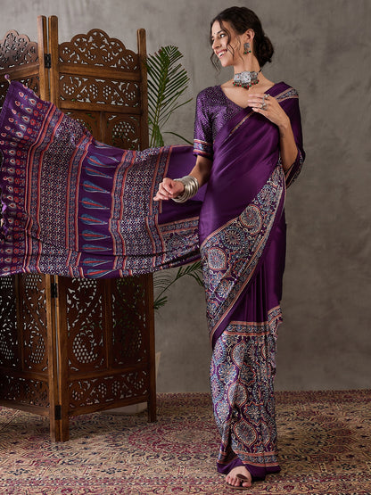 Purple Pure Semi Modal Silk Floral Printed Saree 