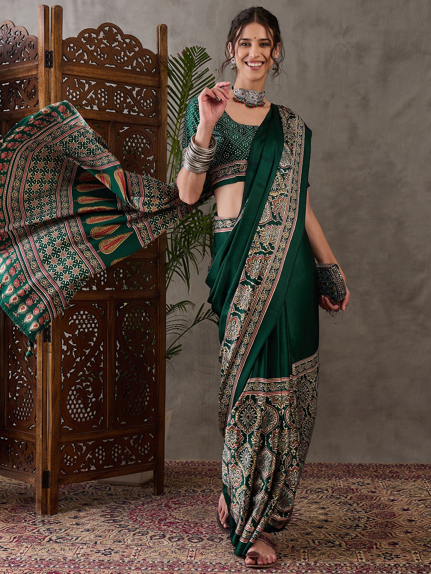 Green Pure Semi Modal Silk Floral Printed Saree 