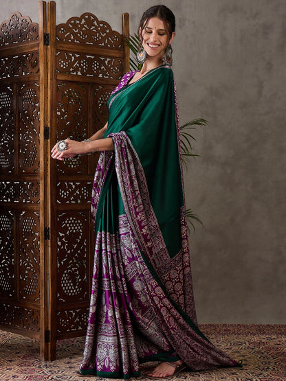 Emerald Green Semi Modal Traditional Printed Saree with Purple Border