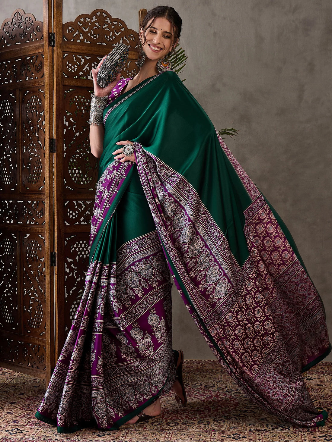 Emerald Green Semi Modal Traditional Printed Saree with Purple Border
