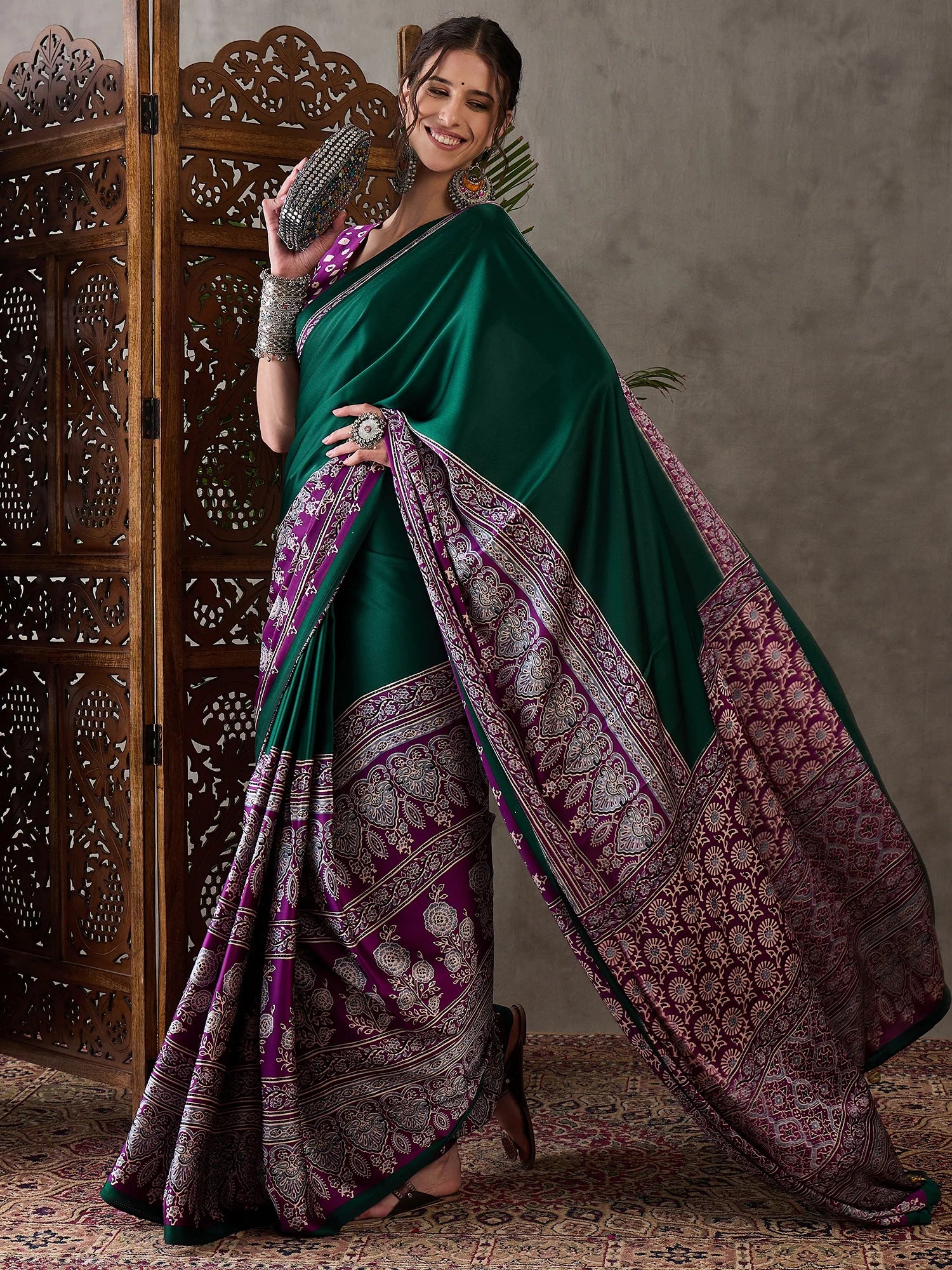 Emerald Green Semi Modal Traditional Printed Saree with Purple Border