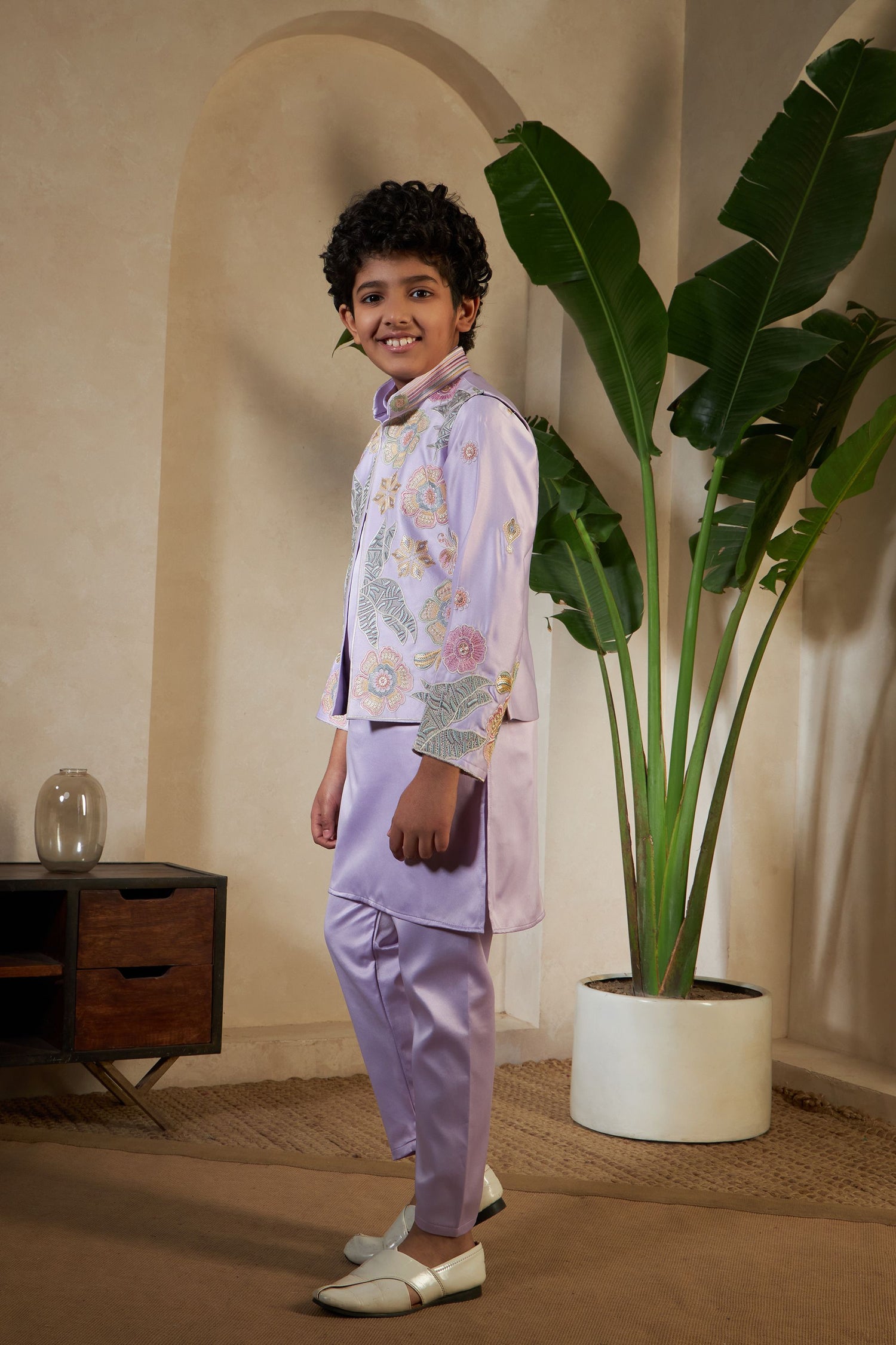 Lavender Pure Satin Silk Kids Boy Kurta Pajama With Koti Jacket 
