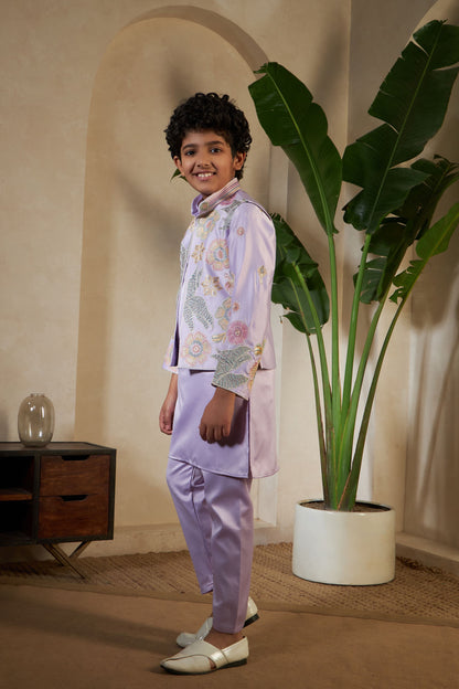 Lavender Pure Satin Silk Kids Boy Kurta Pajama With Koti Jacket 