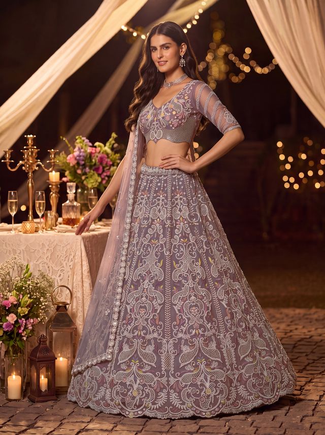 Lilac Pure Heavy Net Motif Handwork Zari Sequins Work Bridal Lehenga Choli