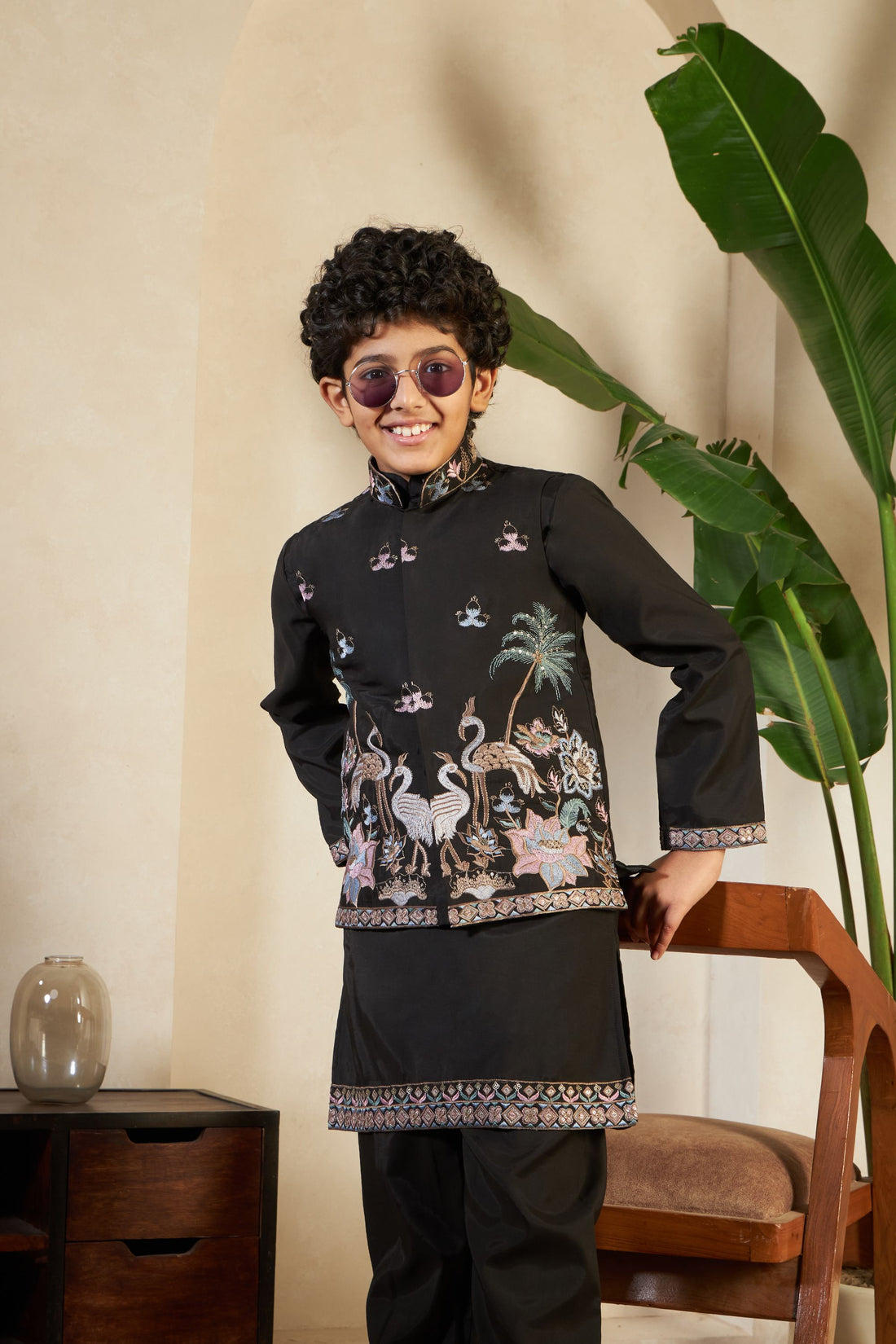 Black Pure Viscose Silk Silk Kids Boy Kurta Pajama With Koti Jacket 