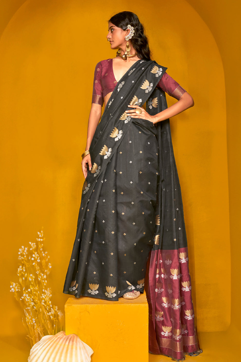 Black Tussar Handloom Silk Saree 