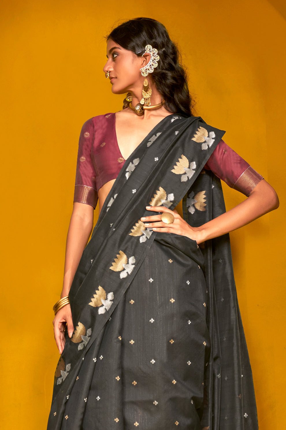 Black Tussar Handloom Silk Saree 