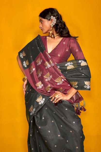 Black Tussar Handloom Silk Saree 