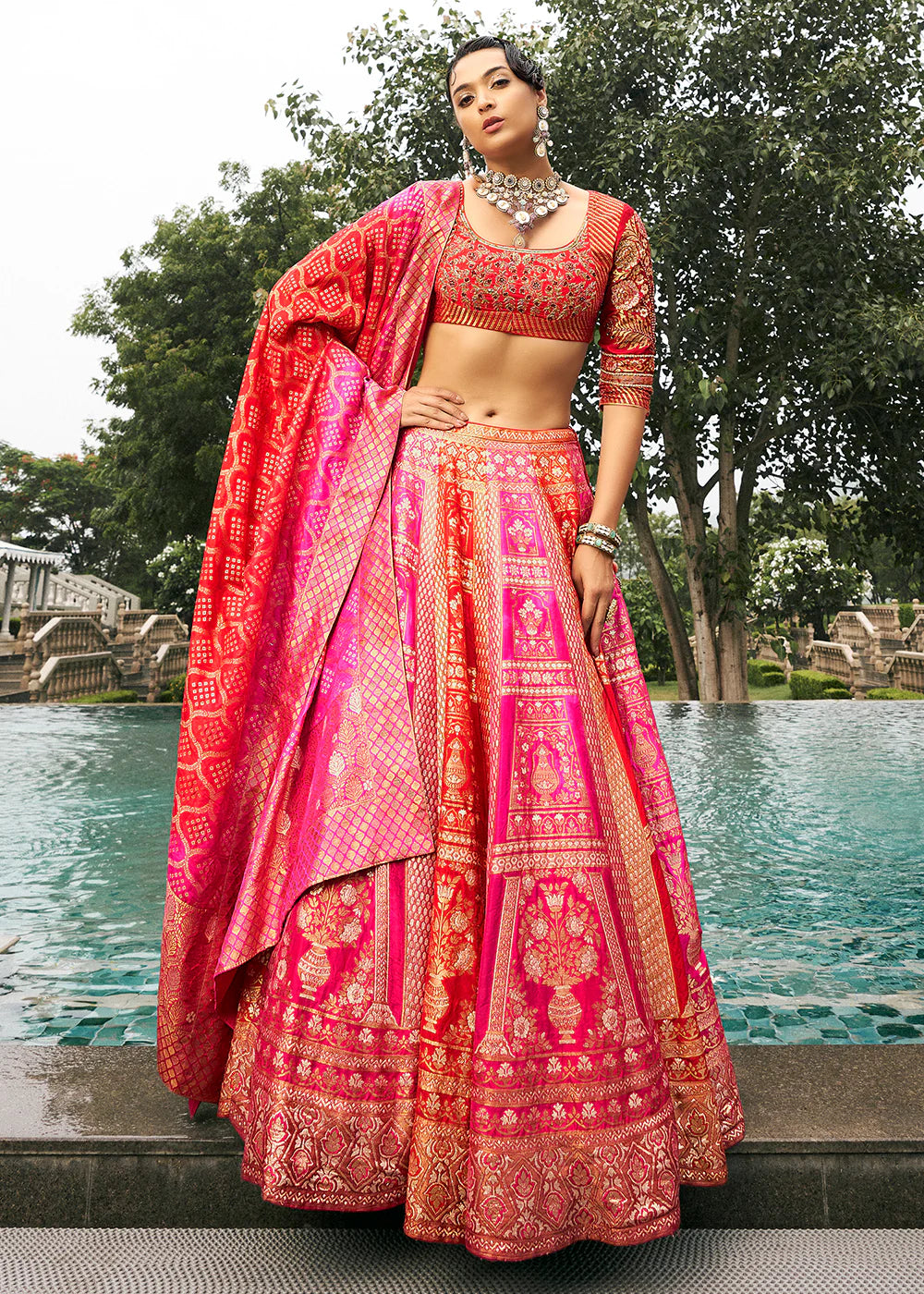 Hot Pink Banarasi Silk Lehenga Choli with Woven Dupatta