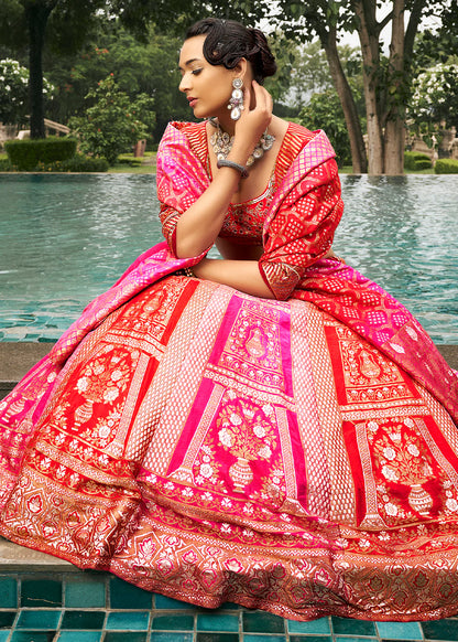 Hot Pink Banarasi Silk Lehenga Choli with Woven Dupatta