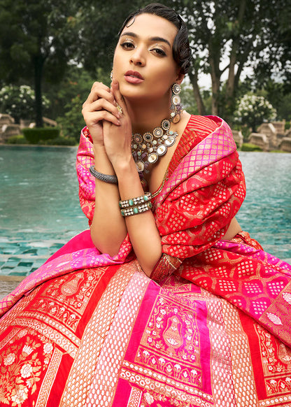 Hot Pink Banarasi Silk Lehenga Choli with Woven Dupatta