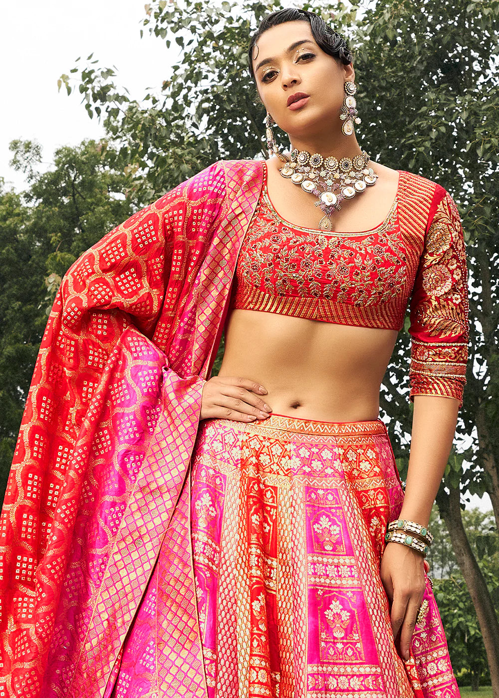 Hot Pink Banarasi Silk Lehenga Choli with Woven Dupatta