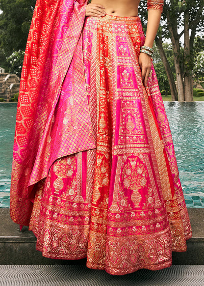 Hot Pink Banarasi Silk Lehenga Choli with Woven Dupatta