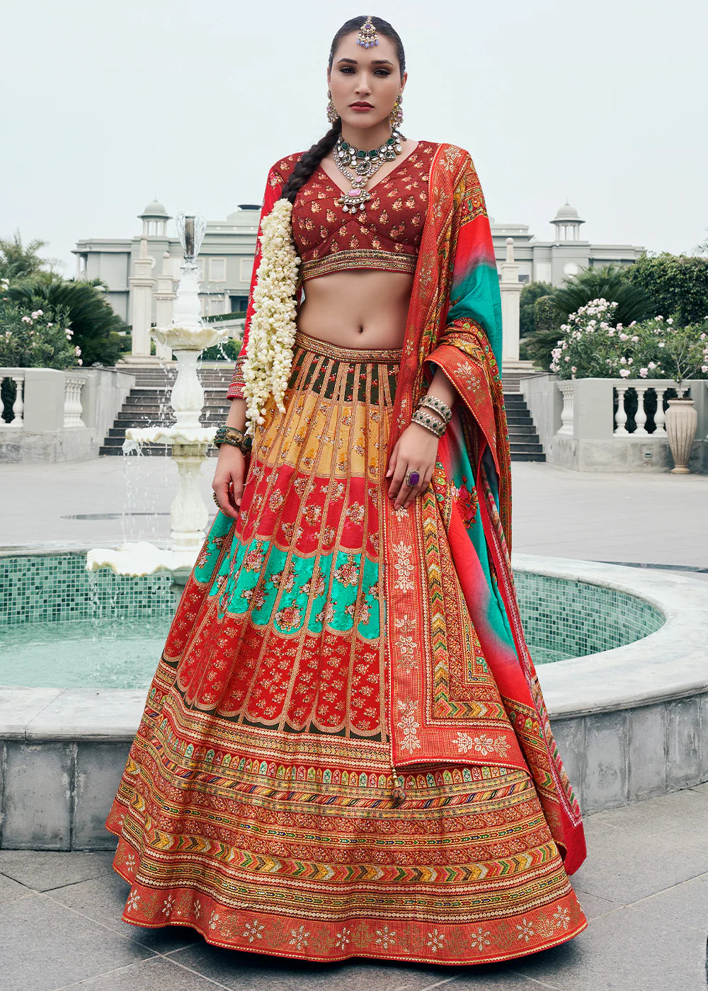 Maroon &amp; Mint Green Banarasi Silk Lehenga Choli