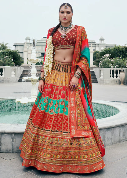 Maroon &amp; Mint Green Banarasi Silk Lehenga Choli