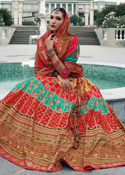 Maroon &amp; Mint Green Banarasi Silk Lehenga Choli
