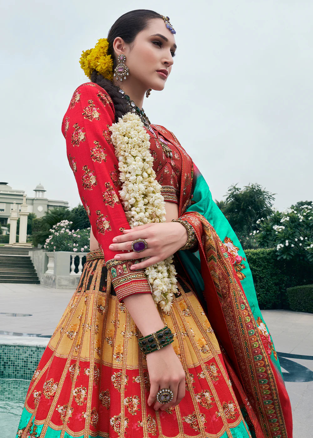 Maroon &amp; Mint Green Banarasi Silk Lehenga Choli