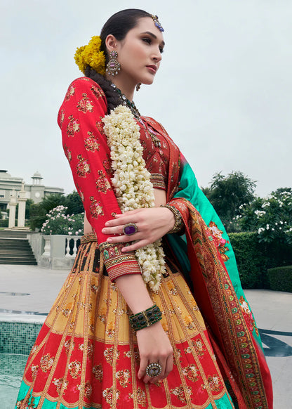 Maroon &amp; Mint Green Banarasi Silk Lehenga Choli