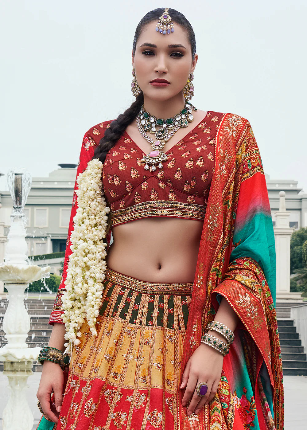 Maroon &amp; Mint Green Banarasi Silk Lehenga Choli