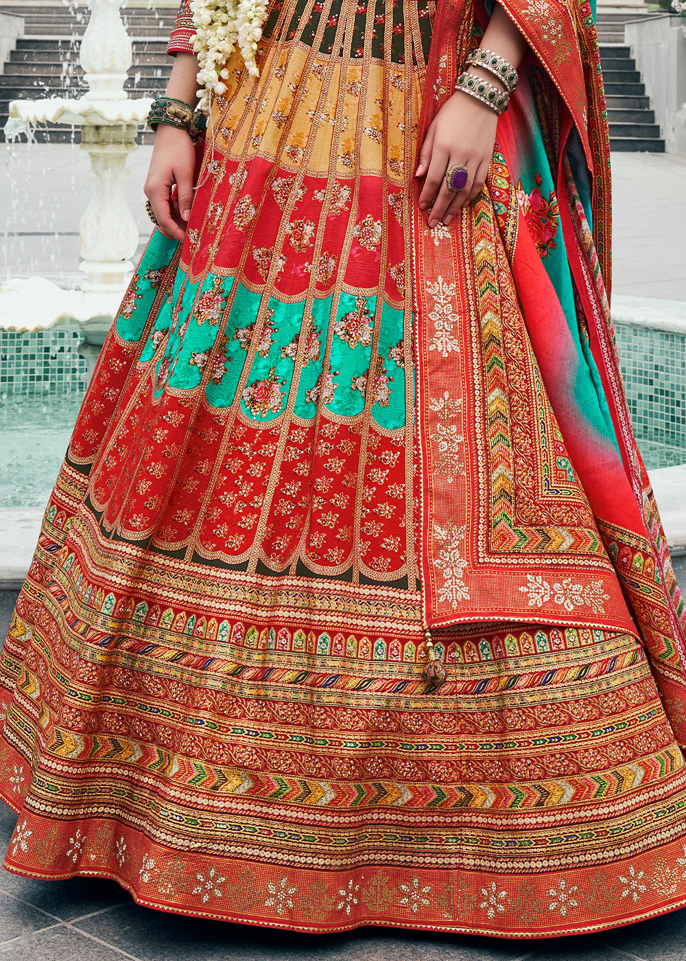 Maroon &amp; Mint Green Banarasi Silk Lehenga Choli