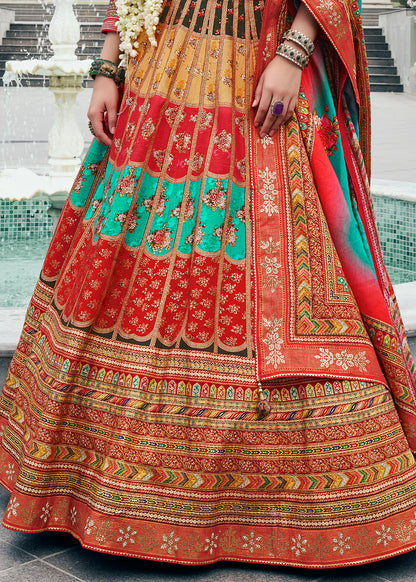 Maroon &amp; Mint Green Banarasi Silk Lehenga Choli