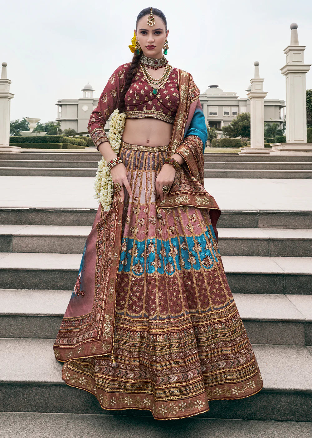Coffee Brown &amp; Blue Royal Banarasi Silk Lehenga