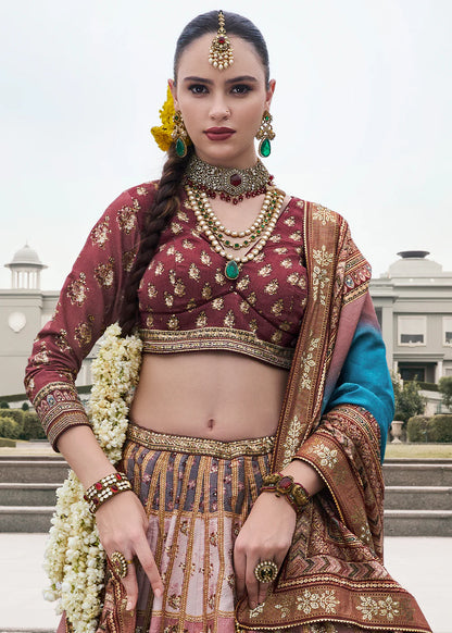 Coffee Brown &amp; Blue Royal Banarasi Silk Lehenga