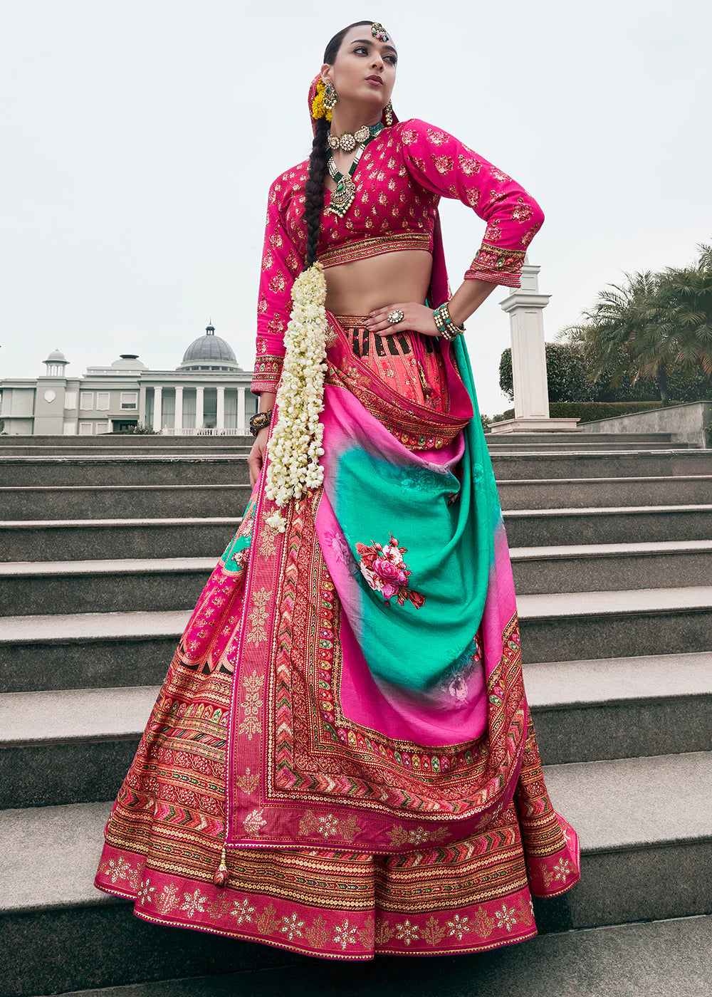Rani Pink &amp; Emerald Green Banarasi Silk Lehenga Choli