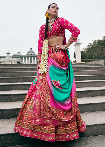 Rani Pink &amp; Emerald Green Banarasi Silk Lehenga Choli