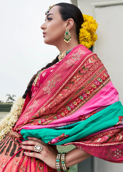 Rani Pink &amp; Emerald Green Banarasi Silk Lehenga Choli