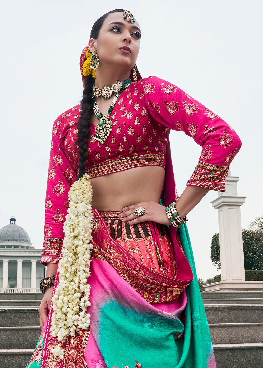 Rani Pink &amp; Emerald Green Banarasi Silk Lehenga Choli