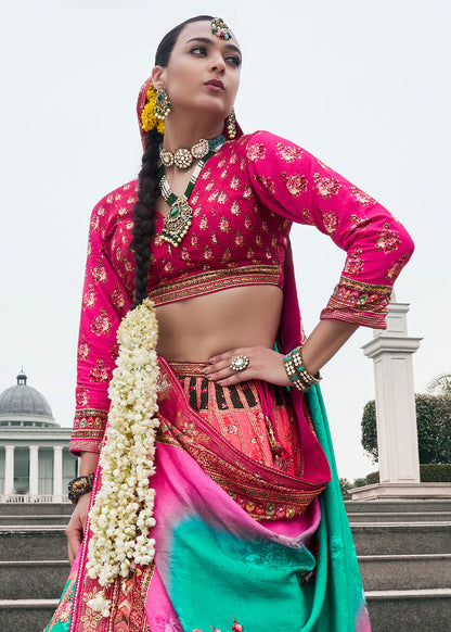 Rani Pink &amp; Emerald Green Banarasi Silk Lehenga Choli