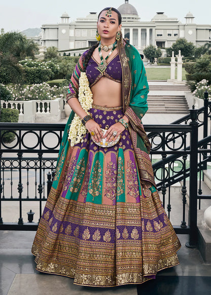 Purple &amp; Teal Green Banarasi Silk Lehenga Choli