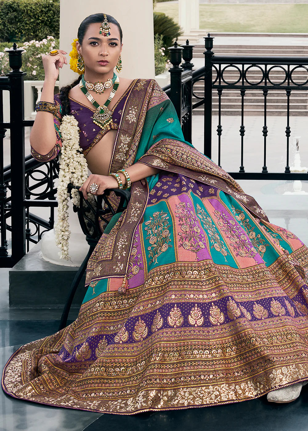 Purple &amp; Teal Green Banarasi Silk Lehenga Choli