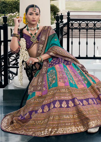 Purple &amp; Teal Green Banarasi Silk Lehenga Choli