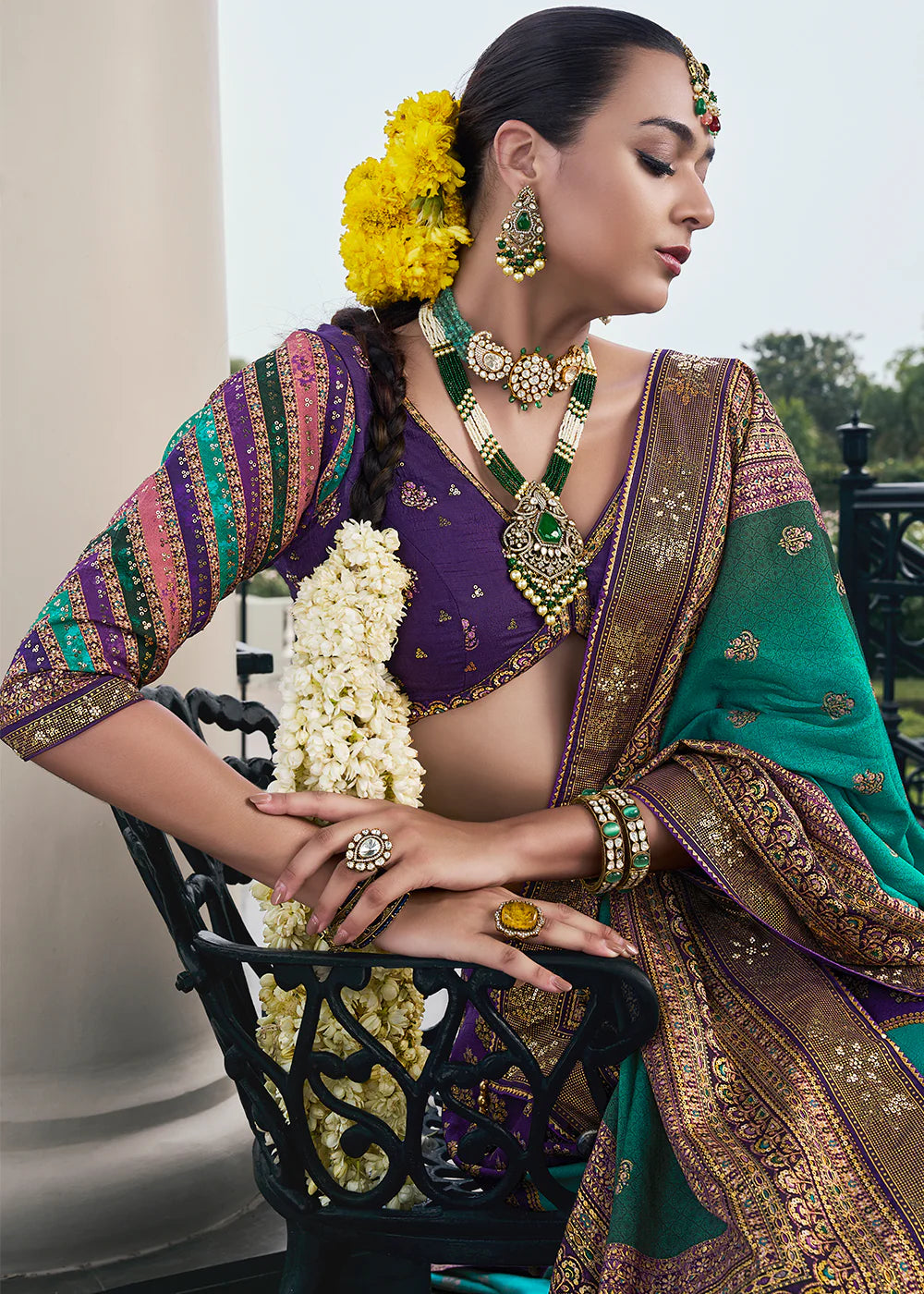 Purple &amp; Teal Green Banarasi Silk Lehenga Choli