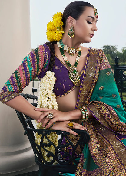 Purple &amp; Teal Green Banarasi Silk Lehenga Choli