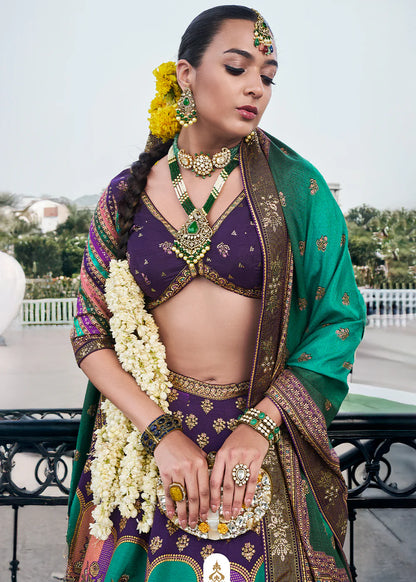 Purple &amp; Teal Green Banarasi Silk Lehenga Choli