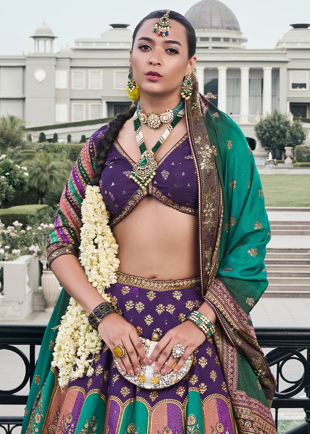 Purple &amp; Teal Green Banarasi Silk Lehenga Choli