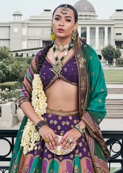 Purple &amp; Teal Green Banarasi Silk Lehenga Choli