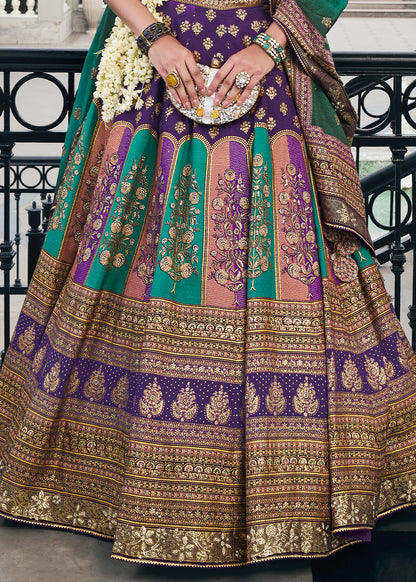 Purple &amp; Teal Green Banarasi Silk Lehenga Choli