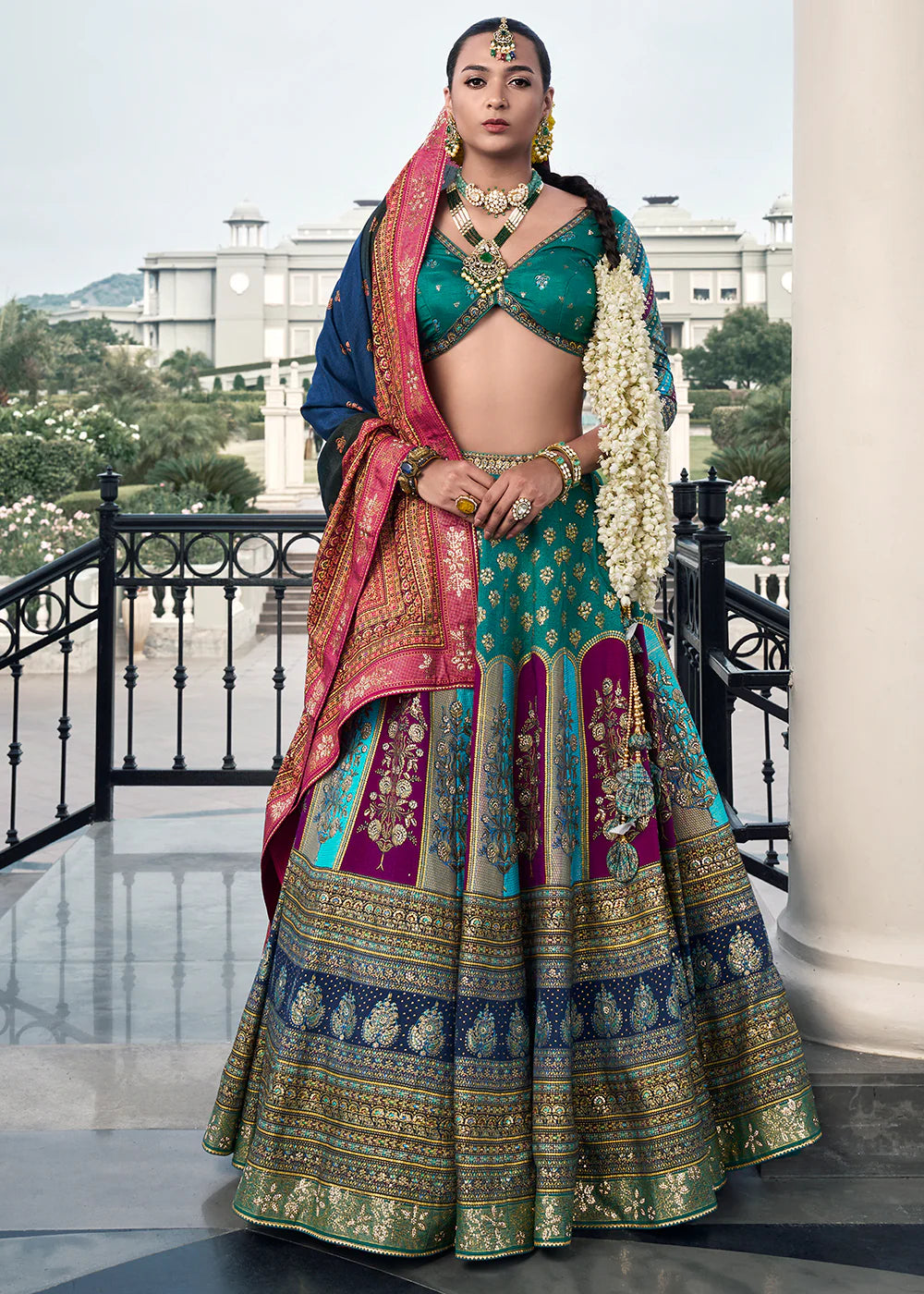 Turquoise Blue &amp; Beige Banarasi Silk Lehenga