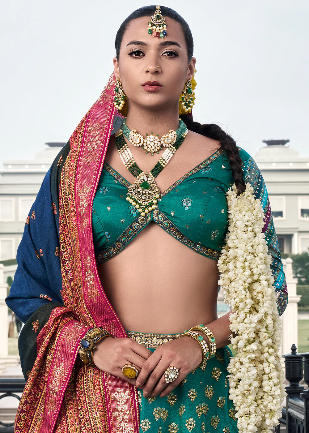 Turquoise Blue &amp; Beige Banarasi Silk Lehenga