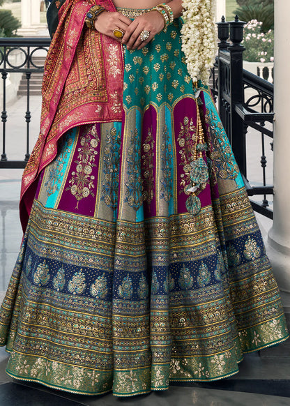 Turquoise Blue &amp; Beige Banarasi Silk Lehenga
