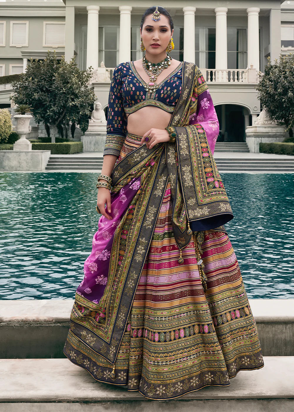 Navy Blue &amp; Purple Banarasi Silk Lehenga Choli