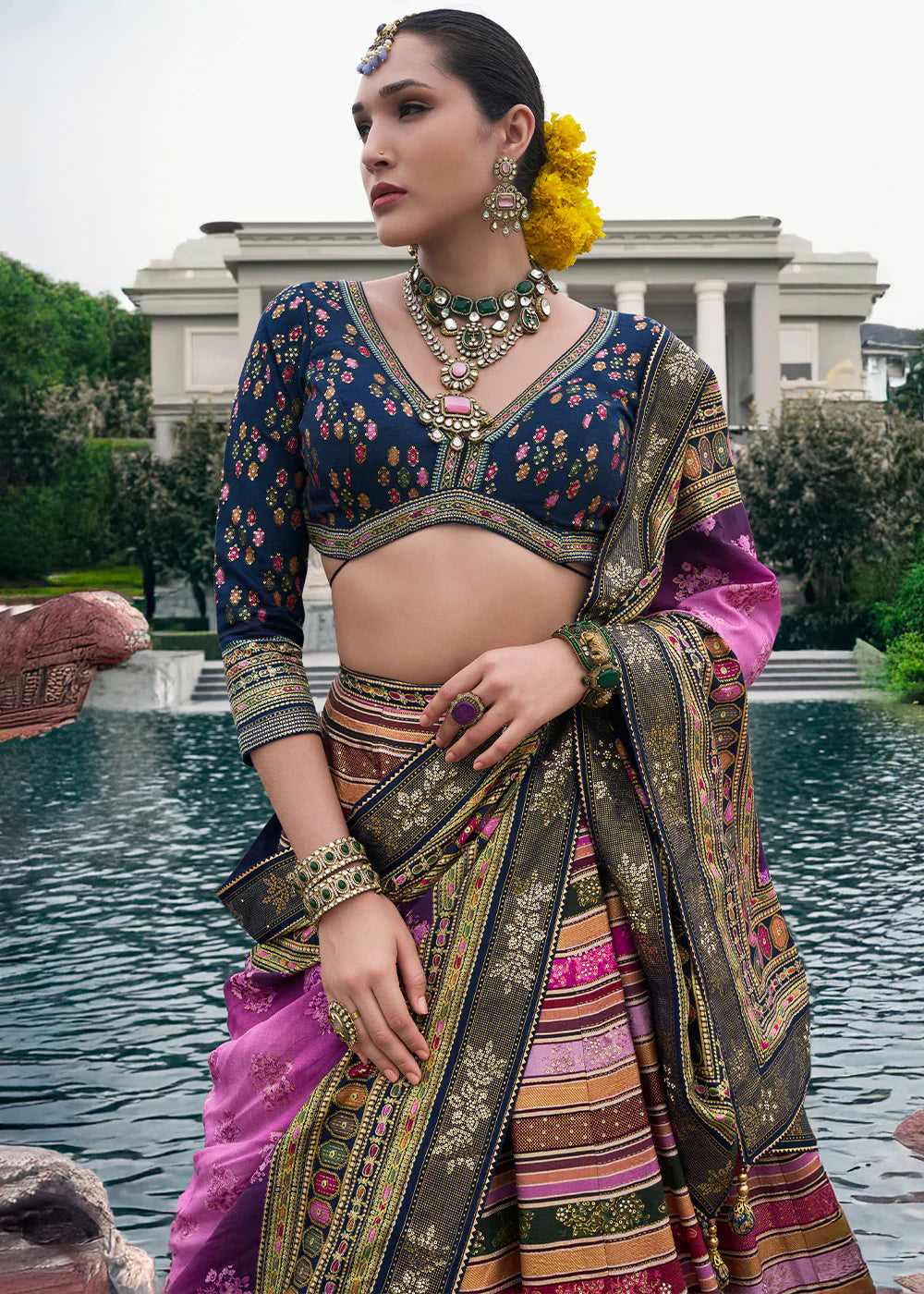 Navy Blue &amp; Purple Banarasi Silk Lehenga Choli