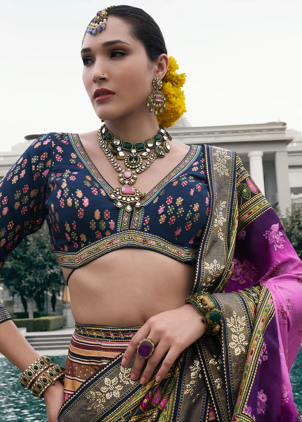Navy Blue &amp; Purple Banarasi Silk Lehenga Choli